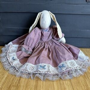 Vintage Handmade Female Bunny Rabbit Pink Cream Blue Ribbon Ruffled Dress 21 In.